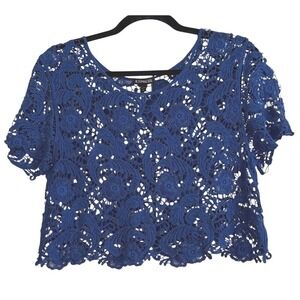 Express Blue Floral Guipure Lace Crop Top Short Sleeve Scoop Neck Small